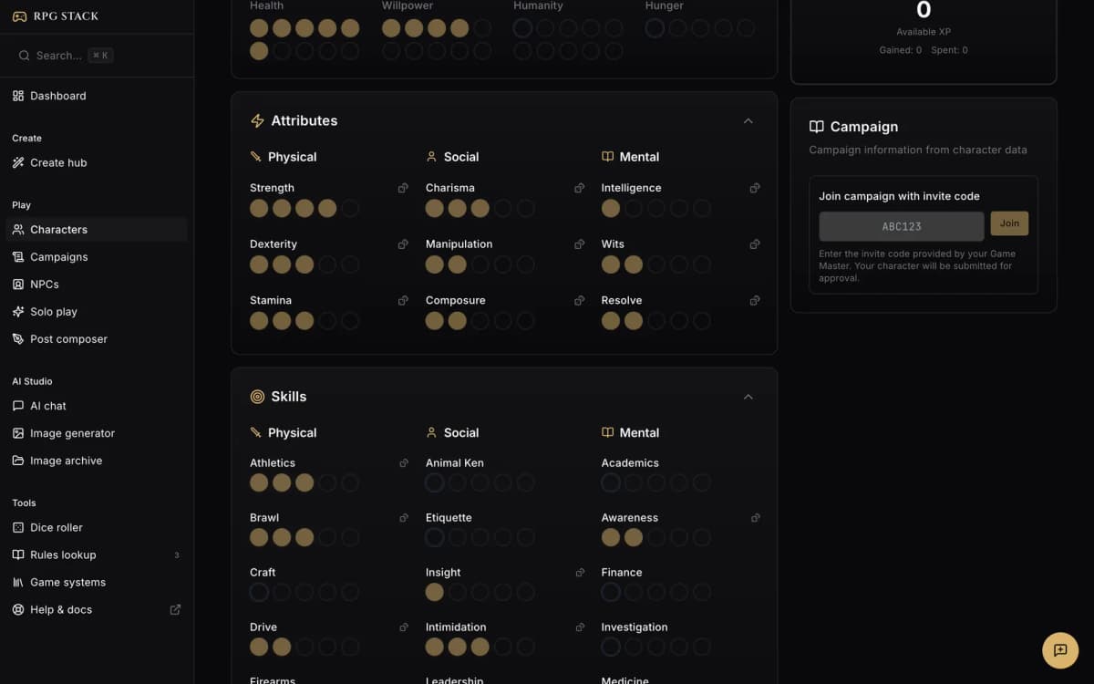 RPG Stack character sheet for a Vampire: The Masquerade V5 Brujah, showing attribute and skill dot ratings with roll buttons